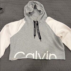 Calvin Klein Gray and Cream Cropped Hoodie